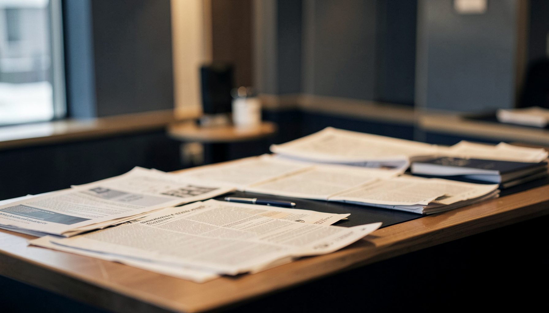 A softly lit newsroom desk with scattered newspapers and a pen, in muted navy and warm cream tones