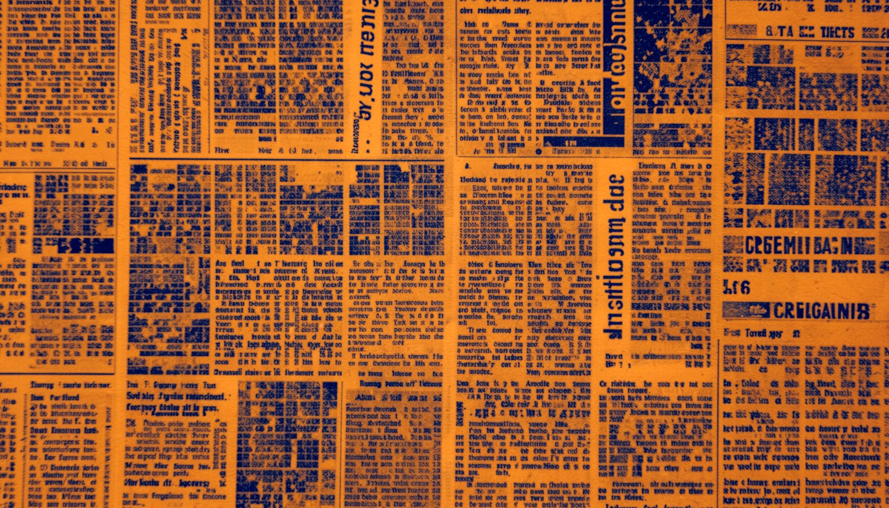 Warm amber and deep blue abstract pattern suggesting newspaper columns and editorial texture