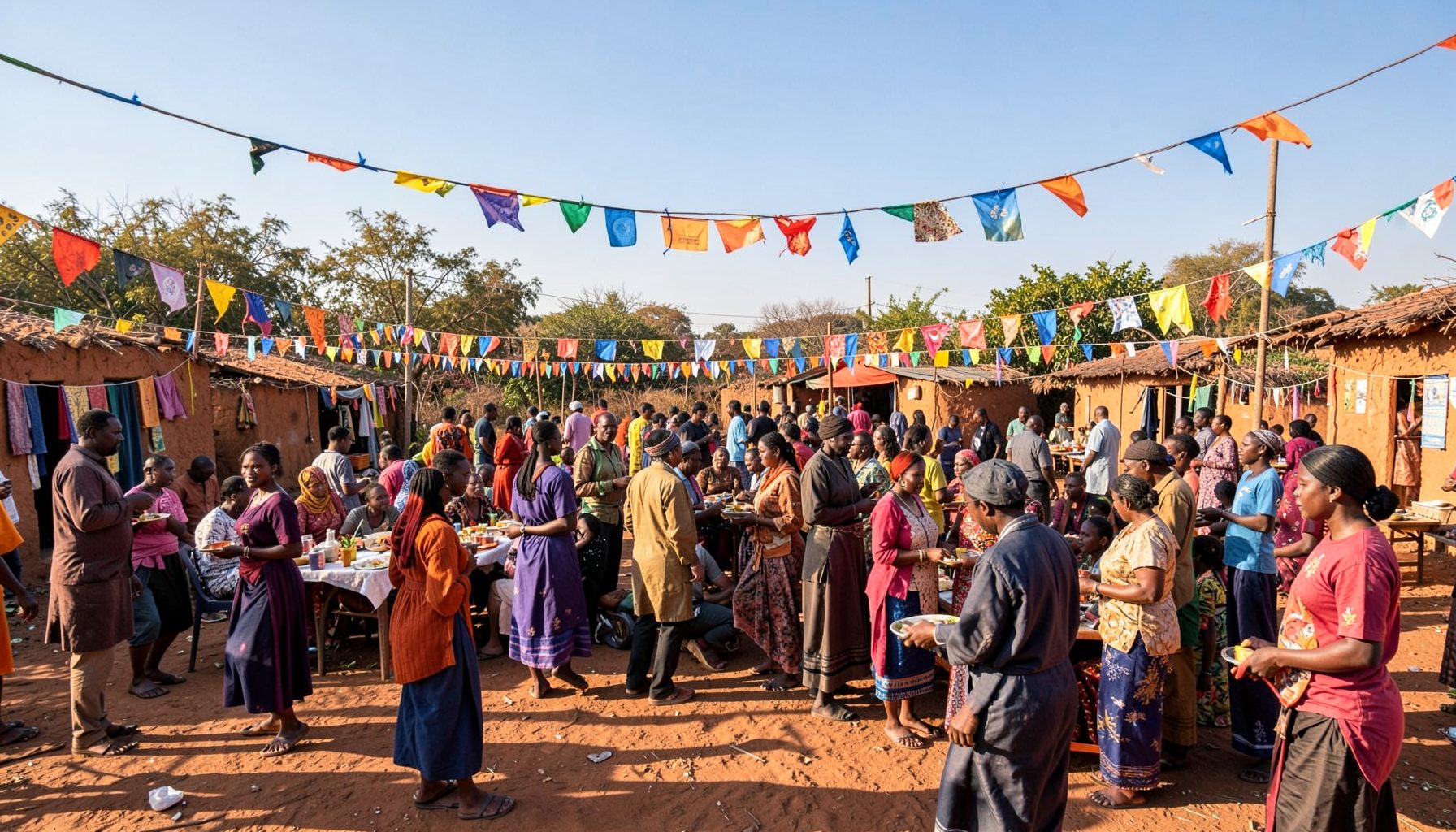A vibrant outdoor community gathering in a rural setting, with colorful decorations and people mingling under a clear sky, warm earthy tones
