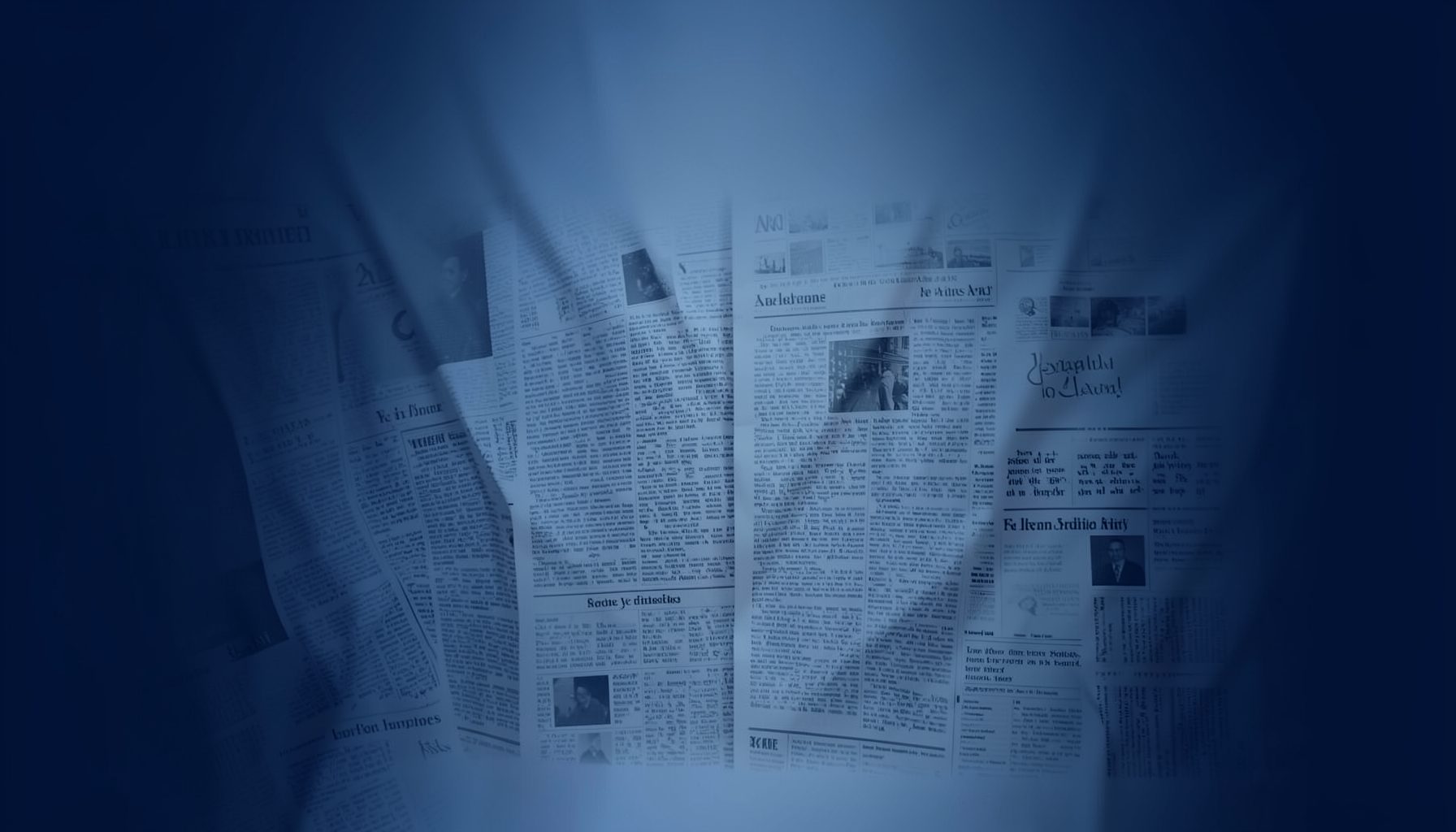 A wide banner with deep navy and muted steel-blue tones, showing an abstract arrangement of newspaper columns and editorial layouts fading into a soft gradient background.