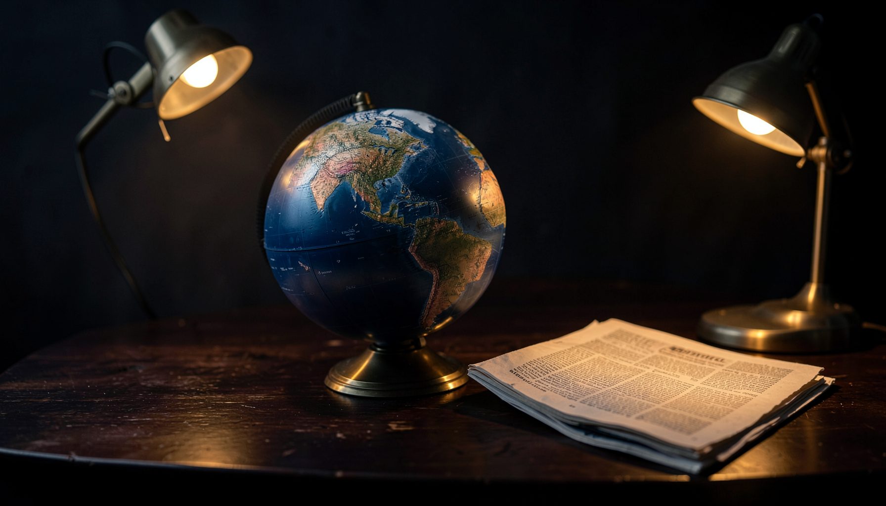 A wide atmospheric view of a globe on a dark wooden desk beside a newspaper, lit by warm lamplight, with deep navy and muted gold tones