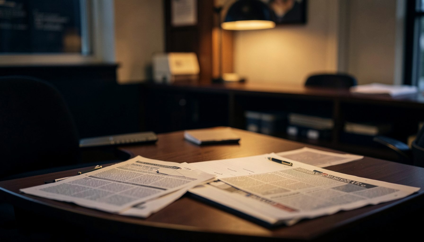 A softly lit newsroom desk with scattered newspapers and a notepad, warm amber and deep navy tones, calm and contemplative atmosphere.