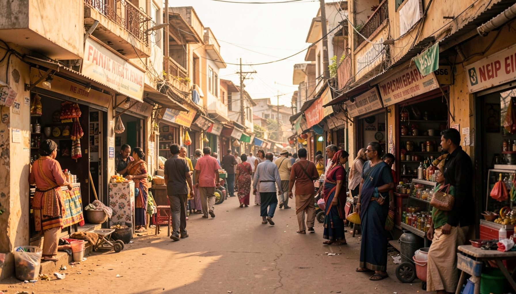A warm-toned street scene in a small Indian town, with shopfronts and pedestrians under soft morning light, conveying community and everyday regional life