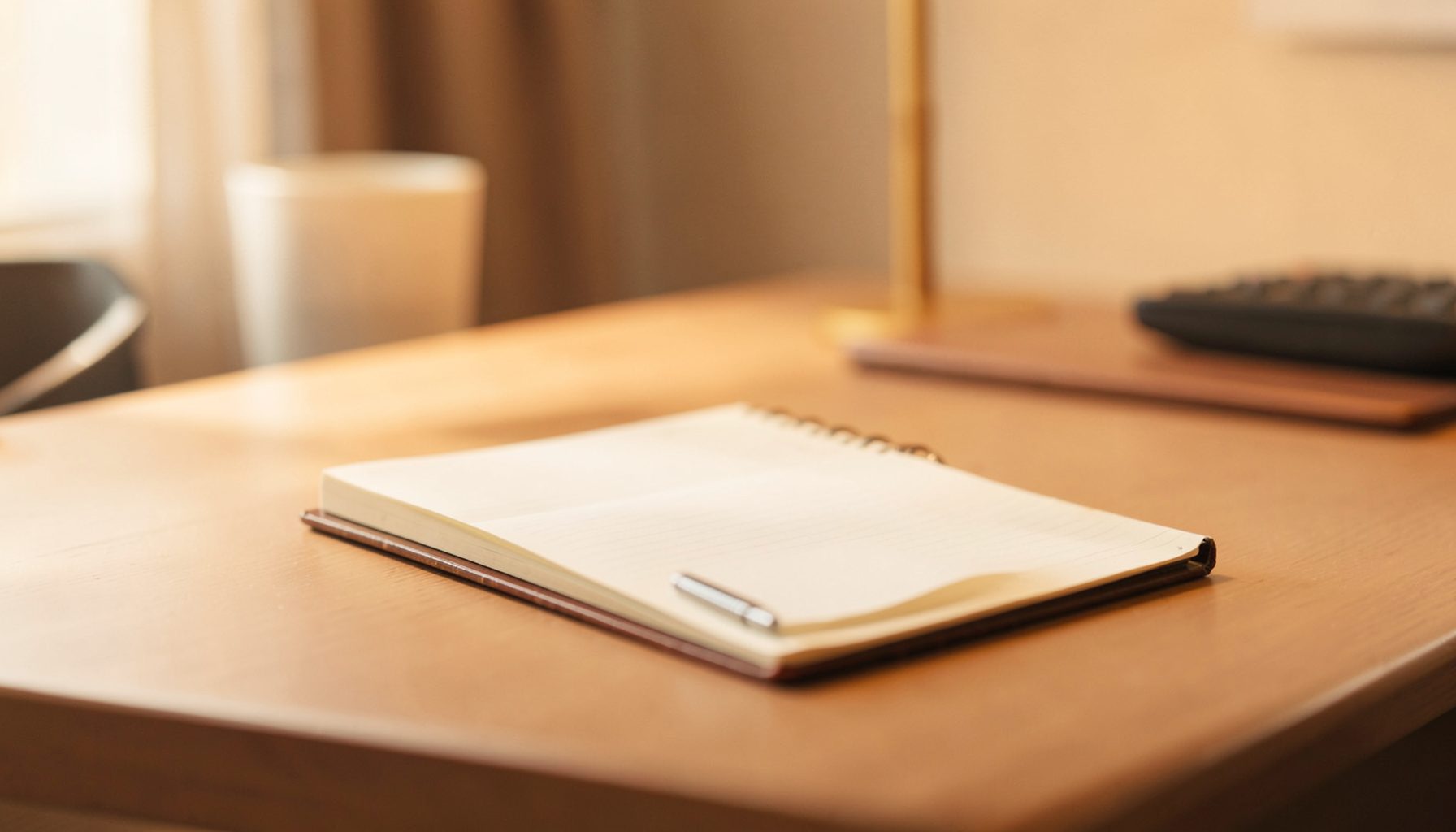 A softly lit desk with a notebook and pen, warm amber and cream tones, evoking a quiet editorial workspace.